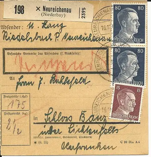 DR 1942, Paar 80+15 Pf. auf Dringend Paketkarte v. NEUREICHENAU.