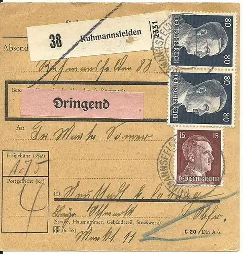 DR 1942, Paar 80+15 Pf. auf Dringend Paketkarte v. RUHMANNSFELDEN.