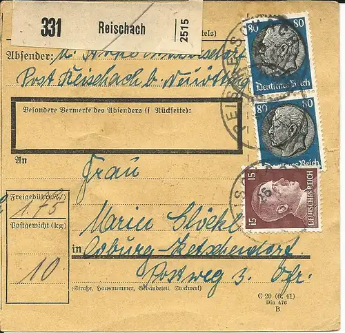 DR 1942, Paar 80+15 Pf. auf Dringend Paketkarte v. REISCHACH.