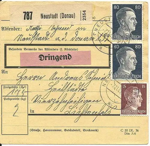 DR 1942, Paar 80+15 Pf. auf Dringend Paketkarte v. NEUSTADT (Donau).