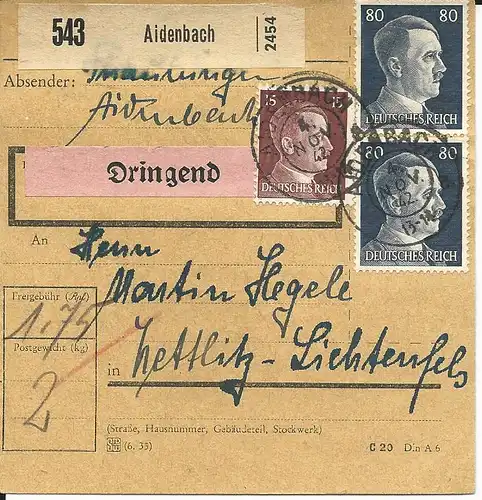 DR 1942, Paar 80+15 Pf. auf Dringend Paketkarte v. AIDENBACH.