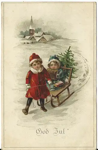Weihnachten, Dänemark God Jul Farb AK m. Kindern, Schlitten u. Christbaum