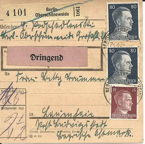 DR 1942, 2x80+15 Pf. auf Dringend Paketkarte v. Berlin Oberschöneweide