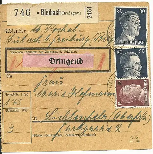 DR 1942, 2x80+15 Pf. auf Dringend Paketkarte v. Bleibach (Breisgau)