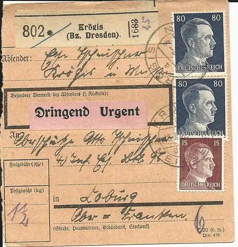 DR 1942, 2x80+15 Pf. auf Dringend Paketkarte v. KRÖGIS (Bz. Dresden).