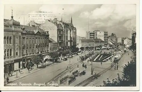 Serbien, Belgrad, 1930 gebr. sw Foto AK m. Trambahn