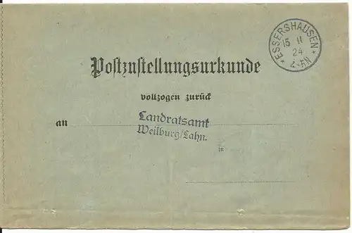 DR 1924, Post Zustell Urkunde v. ESSERSHAUSEN n. Weilburg.