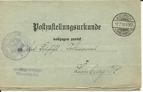 DR 1920, Post Zustell Urkunde v. KIEDRICH (Rheingau) n. Limburg.