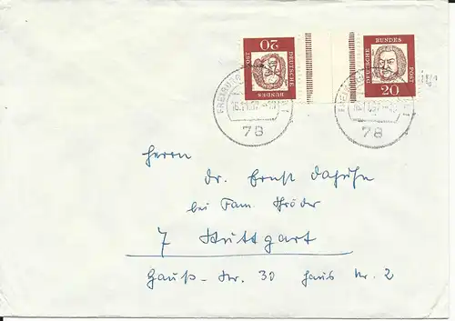 BRD 1967, Zusammendruck KZ3, 20+20 Pf. Bach auf Brief v. Freiburg