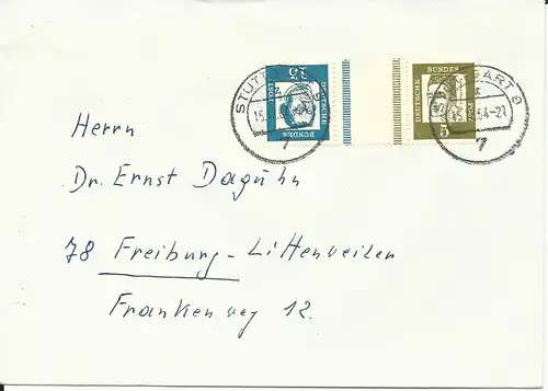BRD 1964, Zusammendruck KZ 2, 5+15 Pf. m. Zwischensteg auf Brief v. Stuttgart