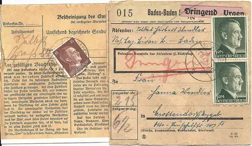 DR 1942, Paar 1 Mk. vorder- u. 15 Pf. rs. auf Dringend Paketkarte v. Baden-Baden