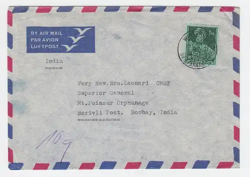 Schweiz 1957, 1 Fr.. auf Luftpost Brief v. Düdingen n. Indien.