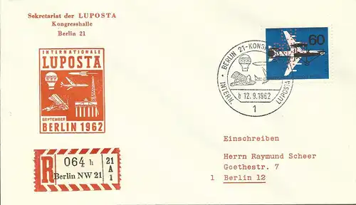 Berlin 1962, 60 Pf. m. Lochung LU/POST/A auf Reko Luftpost-Ausstellungs FDC