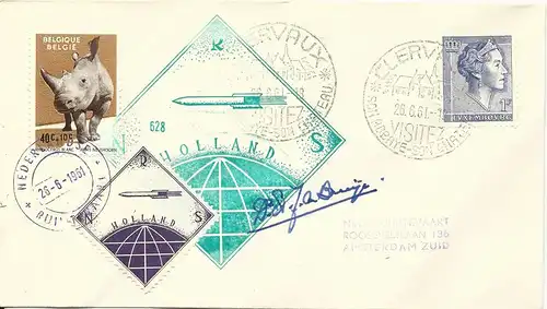 NL 1961, gez. Raketenpost Marke auf Brief m. Cachet u. Unterschrift v. de Bruijn