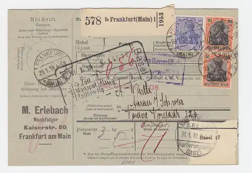 DR 1919, 20+Paar 30 Pf. auf Paketkarte "M. Erlebach" v. Frankfurt i.d. Schweiz