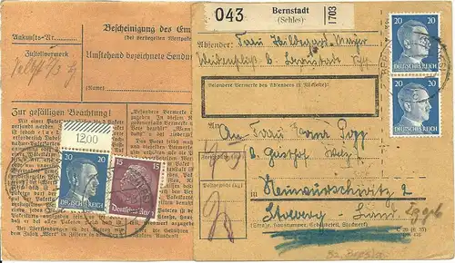 DR 1942, 3x20+15 Pf. vorder- u. rücks. auf Schlesien Paketkarte v. BERNSTADT