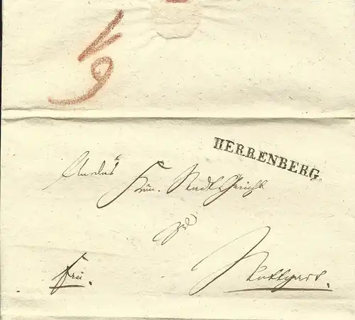 Württemberg 1838, L1 HERRENBERG u. innen L2 STUTTGART auf 2x verwendetem Brief