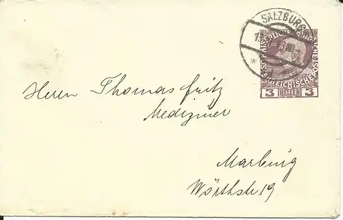 Österreich 1913, 3 H. Privat Ganzsache Brief, gebr. als Drucksache v. Salzburg.