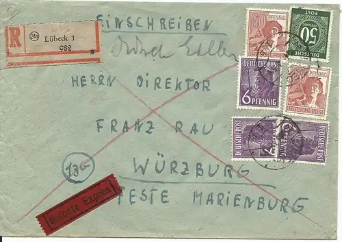 1947, 6 Marken auf portorichtigem Einschreiben Eilboten Brief v. Lübeck