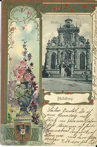 Bückeburg, 1904 gebr. Präge Farb AK m. Stadtwappen.. 