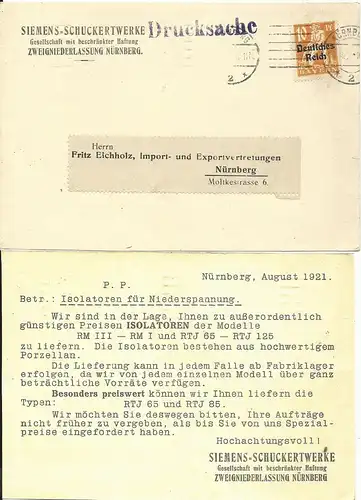 DR 1921, EF 10 Pf. Bayern Abschied aud Siemens Orts Karte v. Nürnberg