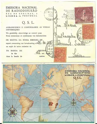 Portugal, Radiodifusoa Farb AK m. 3 Marken n. Schweden