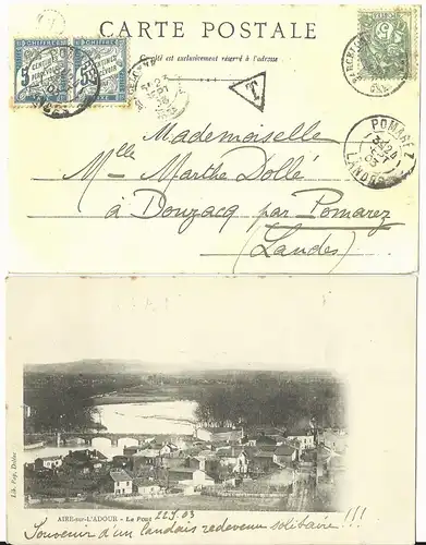 Frankreich 1903, 5 C. auf AK v. K2 Barcelonne n. Pomarez u. Paar 5 C. Porto 