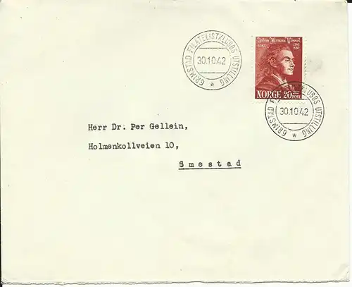 Norwegen 1942, Grimstad Filatelistklubbs Utstilling, Brief m 20 öre + Sonderstpl
