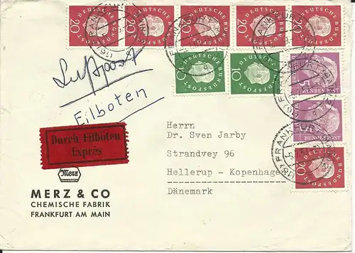 BRD 1959, 10 Marken auf Luftpost Eilboten Brief v. Frankfurt n. Dänemark