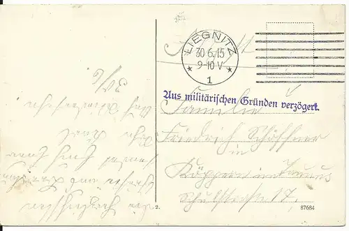 DR 1915, Verzögerungsstpl. auf Feldpost Karte m. Maschinenstempel v. LIEGNITZ