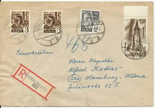 Franz. Zone 1948, 4 Marken portirichtig auf Einschreiben Brief v. Baden-Baden