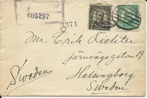 USA  1928, 7+13 C. auf Einschreiben Brief v. Brooklyn NY n. Schweden