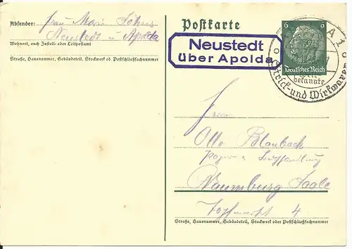 DR 1935, Landpost Stpl. Neustadt über Apolda auf 6 Pf. Ganzsache