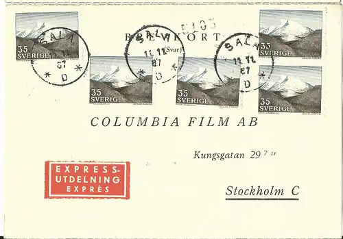 Schweden 1967, MeF 5x35 öre Gebirge (Fjäll) auf Express Antwort-Karte v. Sala.