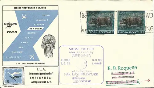 Indien 1963, MeF 2x15  nP NASHORN auf Flug Brief v. Neu Delhi n. Thailand