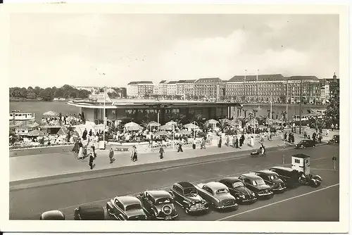 Hamburg Alster Pavillon m. Oldtimer, 1954 gebr. sw-Foto AK