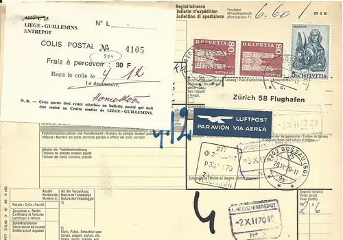 Schweiz 1970, 5 Fr.+2x80 C. auf Luftpost Paketkarte v. Gossau n. Belgien