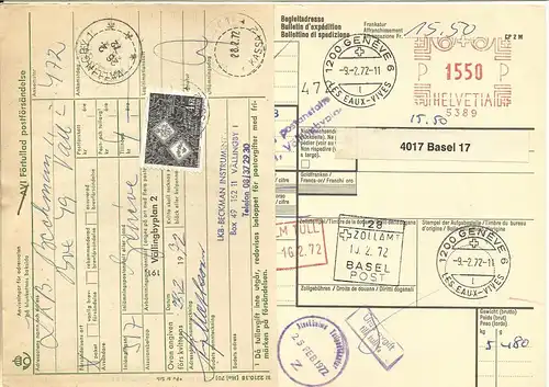 Schweiz 1972, Paketkarte m. Freistpl. v. Genf u. Schweden Formular + Portomarke
