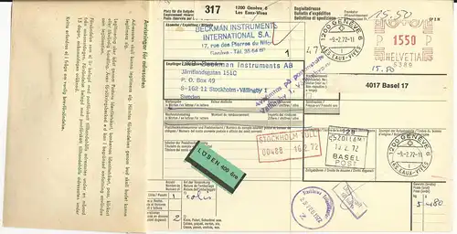 Schweiz 1972, Paketkarte m. Freistpl. v. Genf u. Schweden Formular + Portomarke