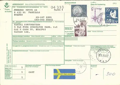 Schweden 1982, 4 Marken auf Luftpost Paketkarte v. Partille n. Taiwan