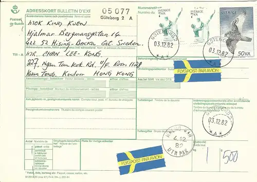 Schweden 1982, 50 Kr.+2x7 Kr. auf Luftpost Paketkarte v. Göteborg n. Hong Kong