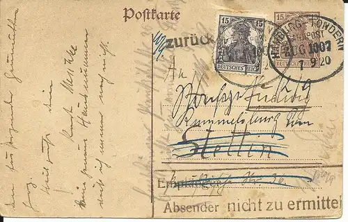 DR 1920, 15 Pf. auf 15 Pf. Ganzsache v. Niebüll m. Bahnpost Hamburg - Tondern.