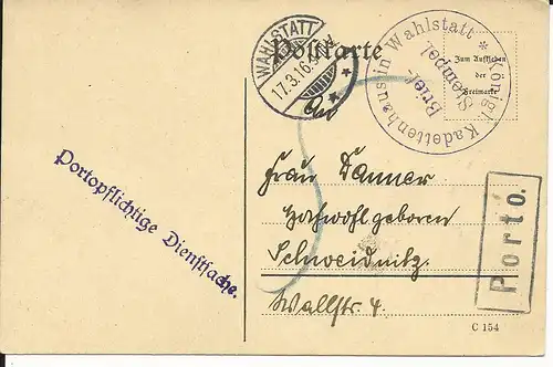 DR 1916, Portopflichtige Militär Dienstsache Karte m. R1 PORTO Wahlstatt (Polen)