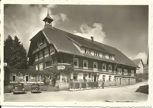 Schönwald Schwarzwald, Hotel Hirschen m. Oldtimer, 1940 gebr sw-AK