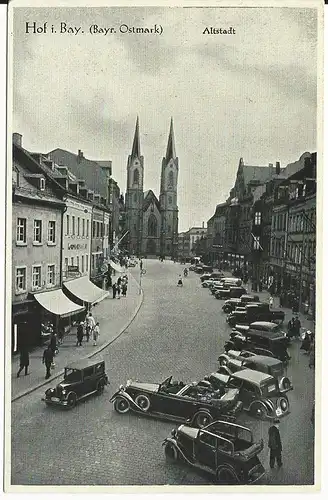 Hof, Altstadt m. Geschäften,Oldtimer u. Personen, 1942 gebr sw-AK