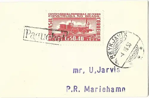 Island 1956, Paquebot u. Reykjavik auf Brasilien Schiffspost Brief n. Aaland 