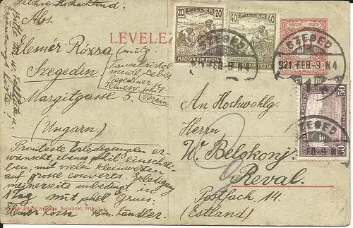 Ungarn 1921, 3 Marken Zusatzfr. auf 10 F. Ganzsache v. Szeged n. Estland