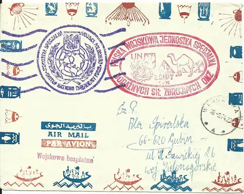 Polen 1974, Feldpost Brief d. UN Blauhelm Truppen m. rotem Ägypten Cachet
