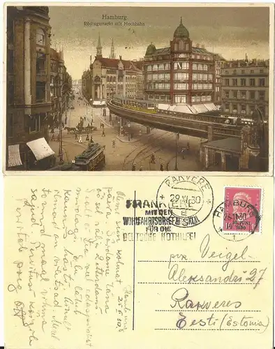DR 1930, 15 Pf. auf Farb AK Tram+Rödingsmarkt m. Hochbahn v. Hamburg n. Estland