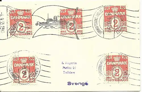 Dänemark 1953, 5x2 öre auf Brief m. Schiffspost Stpl. GEDSER-GROSSENBRODE